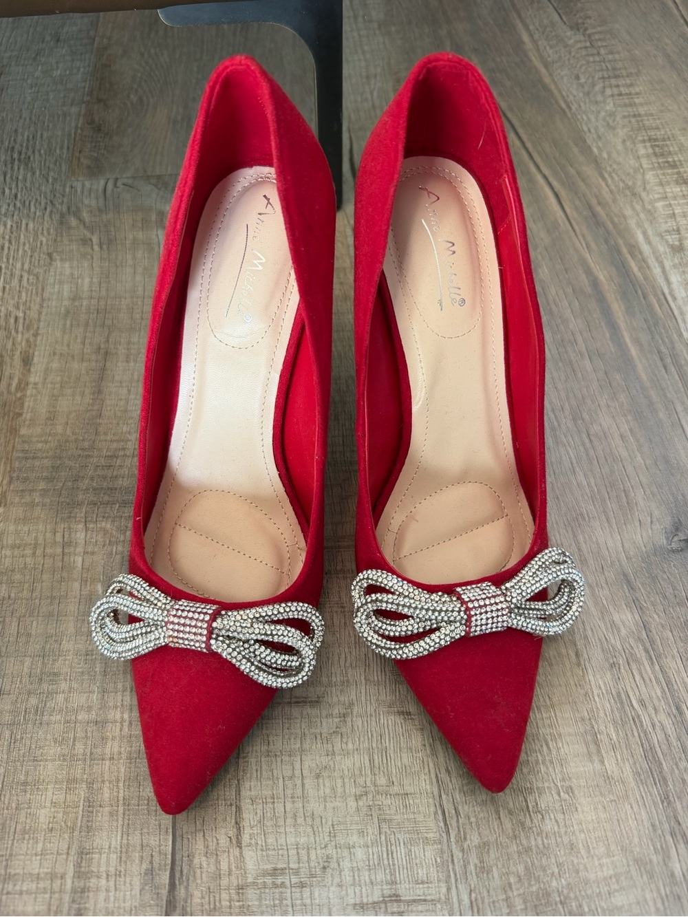 My Michelle Red Pointed Toe Pump with Rhinestone Bow